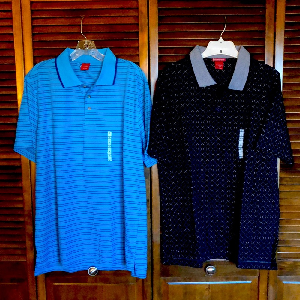 2 blue short sleeved golf polos